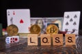 Loss word and gambling poker accessories close-up. Royalty Free Stock Photo