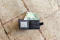 Lost black leather wallet with money euro on street Royalty Free Stock Photo