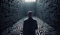 Lost businessman searching for solution in maze generated by AI