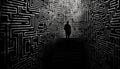 Lost businessman walking through maze, searching for solution and direction generated by AI