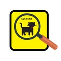 Magnifying glass on a yellow square with the silhouette of a cat and the text lost cat Royalty Free Stock Photo