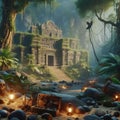 Lost city in the jungle with hidden treasures and booby trap