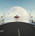 Surreal image of a man in a boat .