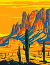 Lost Dutchman State Park Showing Flat Iron in the Superstition Mountains in Arizona USA WPA Poster Art Royalty Free Stock Photo