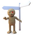 Lost Egyptian mummy monster is confused by the blank roadsign, 3d illustration