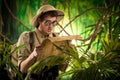 Lost explorer with old map Royalty Free Stock Photo