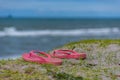 Lost footwear in sanddunes at beach.