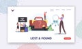 Lost and Found Landing Page Template. Travelers Characters Claim Baggage on Airport Conveyor Belt. Upset Passengers