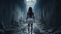 Lost girl stands alone at dark spooky alley or corridor, back view of young woman in grungy scary place. Female person like in