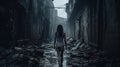 Lost girl walks away alone along dark spooky alley, back view of scared young woman in creepy grungy place. Female person like in Royalty Free Stock Photo