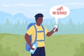 Lost hiker searching mobile network flat color vector illustration