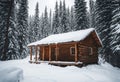 A lost hiker stumbling upon a secluded cabin in a snow-covered forest.