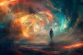 Lost in the infinite universe, a lonely astronaut gazes upon a beautiful nebula