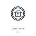 Lost items icon. Thin linear lost items outline icon isolated on white background from signs collection. Line vector sign, symbol Royalty Free Stock Photo