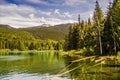 Lost Lake in Whistler, BC. Beautiful scenic landscape with pine trees, water and mountains Royalty Free Stock Photo