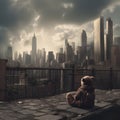A lost lonely teddy bears sitting in front of the ruined city. Armageddon concept. Teddy bear after the end of the world or after