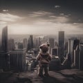 A lost lonely teddy bears standing in front of the ruined city. Armageddon concept. Teddy bear after the end of the world or after