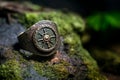 Lost Magical Ring, Inside Forest, Woods, Enchanted Ring, Bronze Ring, Green Stone with Crest