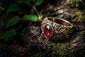 Lost Magical Ring, Inside Forest, Woods, Enchanted Ring, Bronze Ring, Golden Ring with Red Stone