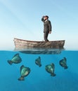 Lost man in a boat Royalty Free Stock Photo