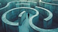 Lost man walks at concrete labyrinth, lone man searching for way out of strange surreal maze. Concept of problem, uncertainty,