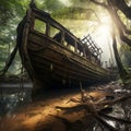 Lost Maritime Tale: Antique Ship Stranded Amidst Enchanting Rainforest Rain