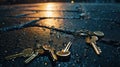 Lost in the Rain: Keys Abandoned on Rain-Soaked Asphalt at Night Royalty Free Stock Photo