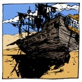 Image of a dead frigate in the desert. Color illustration, can be useful in publications, packaging design, on posters and banners