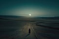 Lost soul wandering a barren desert, full moon, high contrast, drone shot from above, cinematic Royalty Free Stock Photo