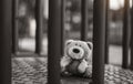 Lost teddy bear lying on wooden bridge at playground in gloomy day, Lonely and sad face brown bear doll lied down alone in the