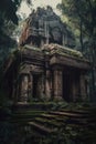 The Lost Temple of the Amazonian Jungle: A Dynamic, Old Building in the Middle of an Adventurer\'s Grainy Journey