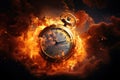 Lost time. A clock engulfed in flames against a dark background