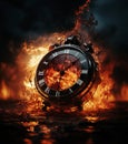 Lost time. A clock engulfed in flames against a dark background