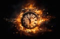 Lost time. A clock engulfed in flames against a dark background