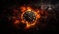 Lost time. A clock engulfed in flames against a dark background