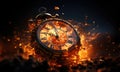Burnt time. A clock engulfed in flames against a dark background