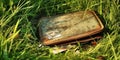 Lost wallet in the grass, concept of Misplaced Belongings, created with Generative AI technology