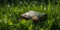 Lost wallet in the grass, concept of Misplaced Belongings, created with Generative AI technology