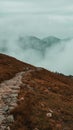 Lost in the whispers of mist: mountain shrouded in gentle fog, with small trails meandering through the mysterious landscape,