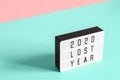 2020 lost year concept. Lightboard with text 2020 lost year on paper geometric background. Trend isometric view for your design Royalty Free Stock Photo
