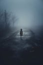 lost young girl walking down a dark foggy road.