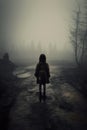 lost young girl wearing a backpack. muddy landscape. Dark foggy forest.