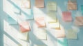 A lot of aesthetic pastel coloured sticky note reminders on white background. Sun rays.Minimalist concept. Generative AI