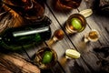 A lot of alcohol, whiskey, tequila, bourbon, brandy, rum on a wooden bar counter, vintage photo