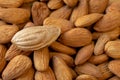 A lot of almonds and one unpeeled peeled nut. Natural background for healthy eating concept.