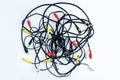 lot of analog video and audio signal cable on a white background close-up