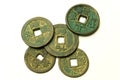 Ancient Chinese bronze coins on white background Royalty Free Stock Photo