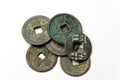 Ancient Chinese bronze coins on white background Royalty Free Stock Photo