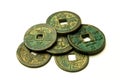 Ancient Chinese bronze coins on white background Royalty Free Stock Photo