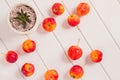 Topview a lot of apples on the white wooden floor with background